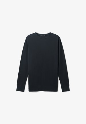 Pullover lungo a maniche, di un blu navy scuro, realizzato in morbido cotone, con collo rotondo, polsini a costine e design semplice senza motivi o dettagli.