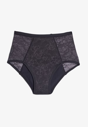 Panties de tiro alto en negro con detalles de encaje en la parte frontal y paneles laterales de malla, con un respaldo de algodón sólido y una cinturilla elástica.