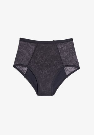 Panties de tiro alto en negro con detalles de encaje en la parte frontal y paneles laterales de malla, con un respaldo de algodón sólido y una cinturilla elástica.