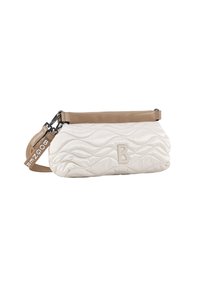 Borsa color crema trapuntata con parte superiore in pelle marrone chiaro, caratterizzata da un ampio logo "B" impresso e una tracolla rimovibile con branding.