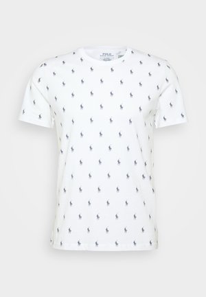 White short-sleeve t-shirt with a repeated navy horse logo pattern. Round neckline; made from soft cotton material.