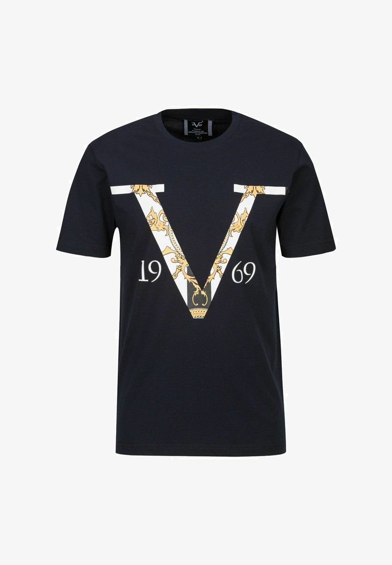 Black cotton t-shirt featuring a large stylized white and gold “V” graphic, with the year "1969" below it. Short sleeves and crew neck design.