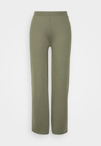 Olive green, wide-leg pants made from a soft, stretchy material. Features a high, elastic waistband and clean, unembellished design.