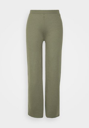 Olive zelene široke hlače, izdelane iz mehkega in elastičnega materiala. Imajo visok, elastičen pas in čisto, neokrašeno zasnovo.