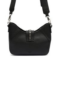Borsa a mano in pelle nera con un design strutturato, presenta una striscia frontale con dettagli in metallo argentato e una tracolla staccabile.