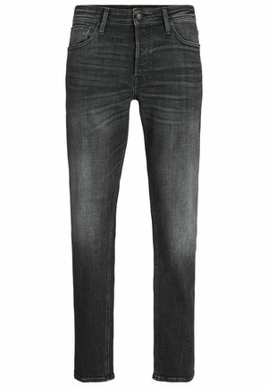 Jeans en denim noir avec une coupe droite, présentant un lavage délavé, un design à cinq poches, une fermeture à bouton et des détails de couture visibles.