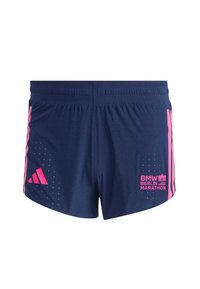 Granatowe szorty biegowe z różowymi akcentami, wykonane z perforowanej tkaniny, z elastycznym pasem i logo "BMW Berlin Marathon".