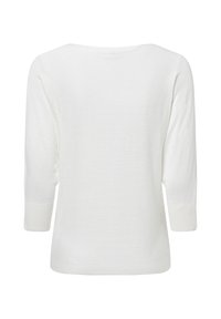 Maglione bianco lavorato a maglia con scollatura ampia, maniche a tre quarti e motivo a righe testurizzato. Tessuto morbido, leggero e vestibilità rilassata.
