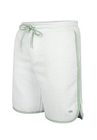 Pantaloni corti in felpa grigio chiaro con cordino verde, tasche laterali a fessura e bordo verde a contrasto lungo i lati. Tessuto morbido.