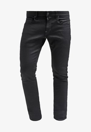 Blugi din denim negri cu o croială slim, având fermoar, design cu cinci buzunare și o textură subtilă pentru un aspect rafinat.