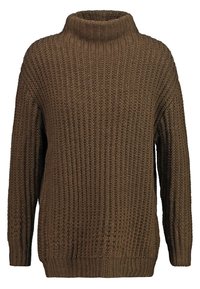 Pull à col roulé en maille épaisse côtelée marron, manches longues et coupe décontractée.