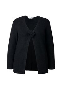 Černý pletený kardigan s dlouhým rukávem, véčkovým výstřihem a dekorativním květinovým zapínáním uprostřed přední části.