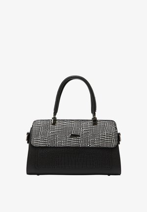 Fekete kézitáska strukturált formával, textúrált fekete alapjával és mintás fekete-fehér fedelével. Két felső fogantyúval rendelkezik.
