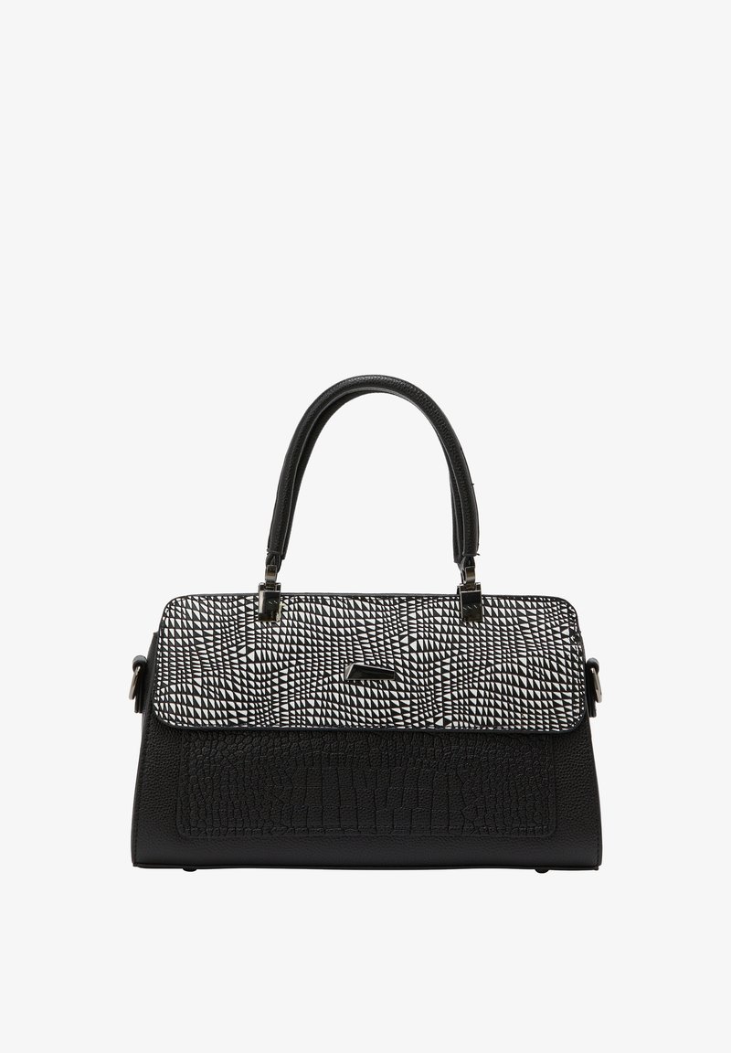 Fekete kézitáska strukturált formával, textúrált fekete alapjával és mintás fekete-fehér fedelével. Két felső fogantyúval rendelkezik.