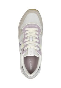 White sneaker with lilac accents, mesh and suede material, round toe, lace-up design, and textured insoles featuring branding.