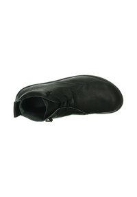 Zwarte leren enkelboot met een ronde neus, veterontwerp en een gladde textuur. Inclusief een verstevigde hiel en minimale stikdetails.