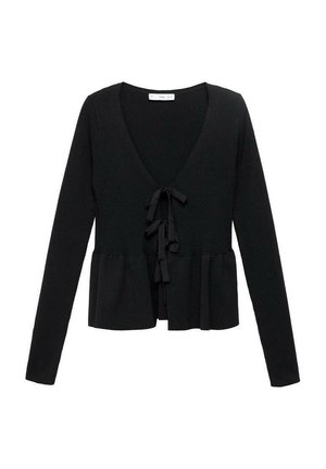 Black, knitted cardigan with long sleeves, V-neck, and a tie closure at the front. Features a peplum hem with a ribbed texture.