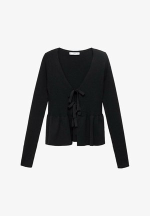 Schwarze, gestrickte Strickjacke mit langen Ärmeln, V-Ausschnitt und einer Krawattenverschluss vorne. Verfügt über einen Peplum-Saum mit gerippter Textur.