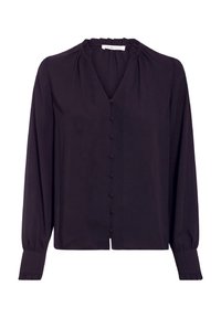 Blusa negra de manga larga con escote en V, confeccionada en tejido suave, con detalle de cuello recogido y cierre frontal con botones. Presenta puños con volantes.