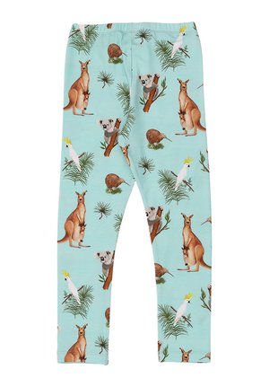 Light blue leggings with patterns of kangaroos, koalas on branches, white cockatoos, and kiwis among green foliage.