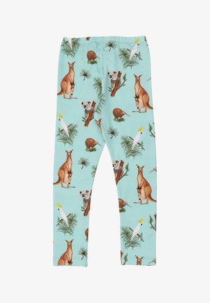 Light blue leggings with patterns of kangaroos, koalas on branches, white cockatoos, and kiwis among green foliage.