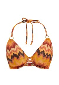 Driehoekige bikini-top in oranje met zigzagpatronen in bruin, rood en crème. Voorzien van verstelbare strikbanden en accenten in goudkleurig beslag.