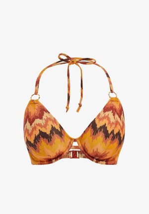 Kolmiomainen bikinitoppi oranssina, jossa on ruskeita, punaisia ja kerma-Aalto kuvioita. Varustettu säädettävillä nauhoilla ja kultaisilla yksityiskohdilla.