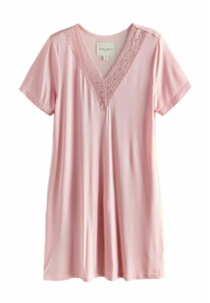 Kurzes rosa Nachthemd mit Spitzen-V-Ausschnitt und kurzen Ärmeln, aus weichem Stoff, mit dem Label Laura Ashley.