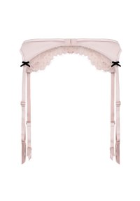 Rosa Spitzenstrumpfhalter aus weichem Stoff mit Rüschenkanten, ausgestattet mit verstellbaren Satinschnallen und kleinen schwarzen Schleifen an den Seiten.