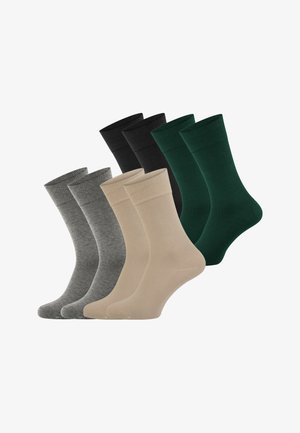 Vier Paar mid-calf Socken in Grau, Beige, Schwarz und Dunkelgrün, nebeneinander auf weißem Hintergrund angeordnet.