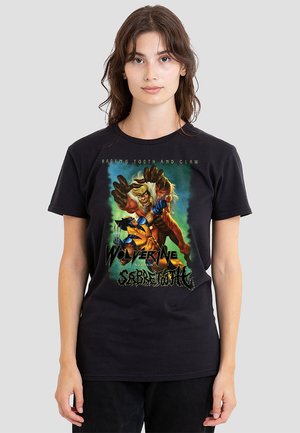 Black t-shirt featuring a graphic of Wolverine battling Sabretooth, vibrant colors, detailed artwork, and bold text design.