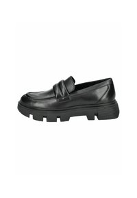 Mocassino in pelle nera con suola in gomma spessa e texturizzata. Presenta una fascetta imbottita e una punta leggermente arrotondata.