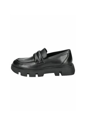 Mocassino in pelle nera con suola in gomma spessa e texturizzata. Presenta una fascetta imbottita e una punta leggermente arrotondata.
