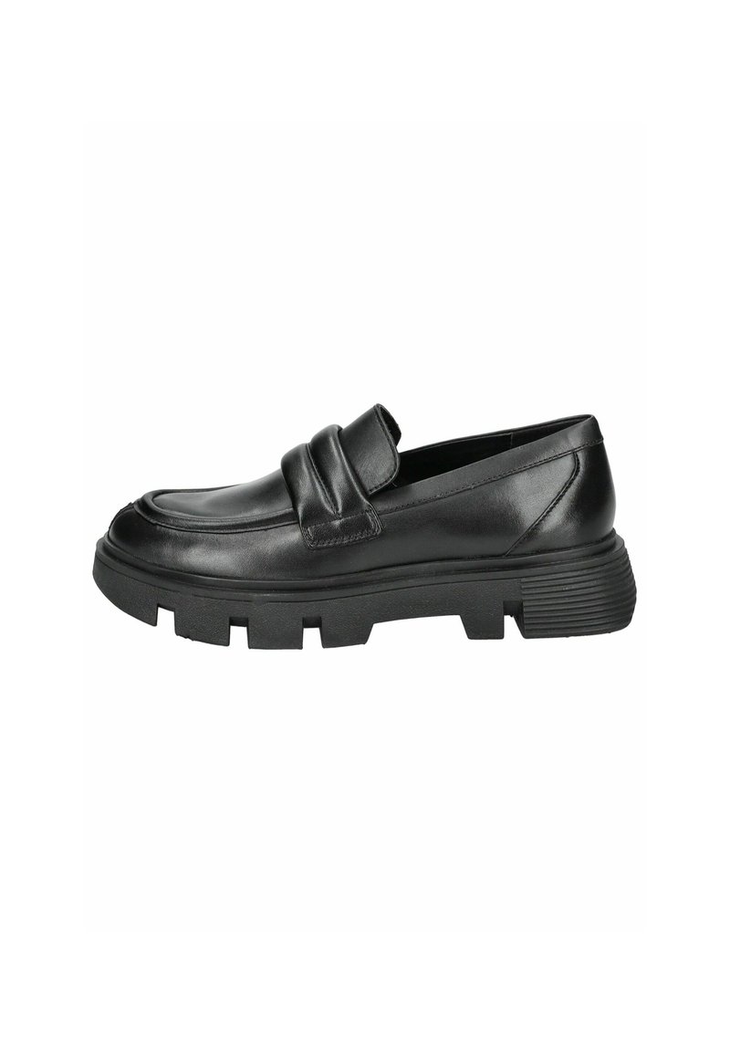 Mocassino in pelle nera con suola in gomma spessa e texturizzata. Presenta una fascetta imbottita e una punta leggermente arrotondata.