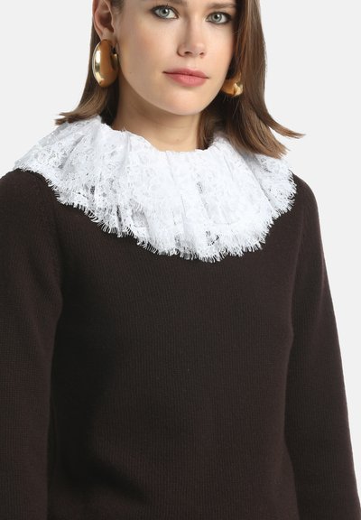 Pull en maille brun avec un large col en dentelle blanc à volants. Le col présente des motifs floraux délicats et des bords frangés. Grandes boucles d'oreilles en or.