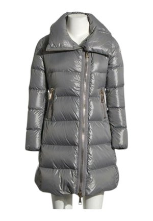 Long manteau matelassé gris brillant pour femme avec grand col et fermeture éclair devant, présenté sur un torse de mannequin blanc.