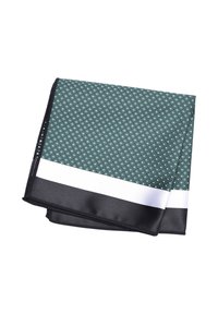 Fazzoletto da taschino in seta verde scuro con motivo a diamante, bordo nero con striscia bianca, piegato all'angolo.