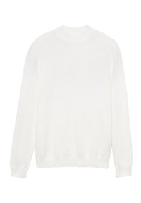 Weißer Strickpullover mit Rundhalsausschnitt, langen Ärmeln sowie gerippten Bündchen und Saum. Glatte Textur, minimalistisches Design.