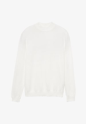 Fehér kötött pulóver környakkal, hosszú ujjakkal, bordázott mandzsettával és szegéllyel. Simaságú anyag, minimalista design.