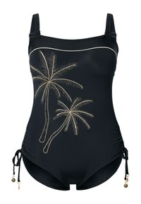 Maillot de bain une pièce noir avec broderie dorée de palmiers, liens latéraux ajustables avec accents dorés et une texture de tissu lisse et soyeux.