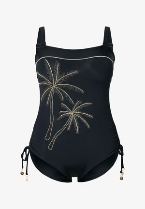 Sort én-delt badedragt med guld palmetræ broderi, justerbare sidesnore med guld detaljer og en glat, elegant stofoverflade.