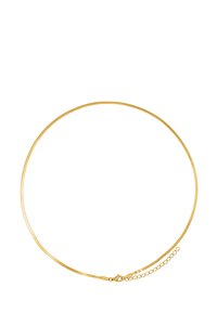 Collier ras du cou plaqué or avec un design lisse et plat. Présente un fermoir et une chaîne ajustable pour personnaliser la taille.