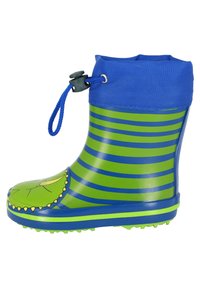 Botte de pluie en caoutchouc verte et bleue avec des rayures horizontales, bout rond avec un design de visage, cordon élastique en haut et semelle texturée.