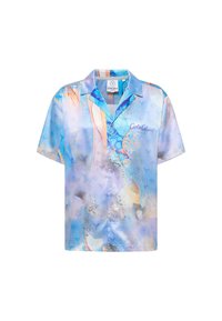 Short-sleeve shirt made of light fabric, featuring a blue and pastel abstract print with varied textures and a button-up front.