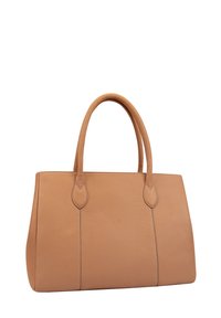 Sac fourre-tout en cuir tan avec une texture lisse, doté de poignées rondes doubles, de lignes épurées et de coutures contrastées pour plus de détails.