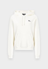 Sweat à capuche blanc avec poche frontale, capuche à cordon de serrage, poignets côtelés et petit logo noir sur la poitrine. Confectionné en coton doux.