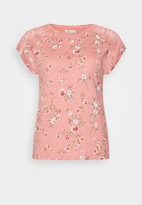 Rosa blomster t-shirt lavet af blødt stof, med korte ærmer og rund halsudskæring. Designet inkluderer små hvide og gule blomster.