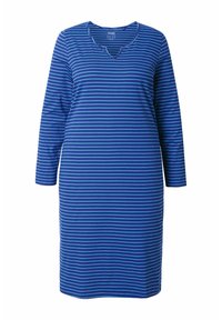 Abito a righe blu con maniche lunghe, scollo a V, realizzato in un tessuto morbido e leggero; presenta righe alternate di blu scuro e blu chiaro.