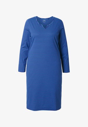 Sininen raidallinen mekko pitkillä hihoilla, V-pääntiellä, valmistettu pehmeästä ja kevyestä kankaasta; sisältää vuorottelevia tummia ja vaaleita sinisiä raitoja.