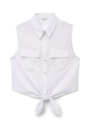 Sleeveless white button-up cropped shirt with collar, two front flap pockets, and a tied knot at the bottom center.